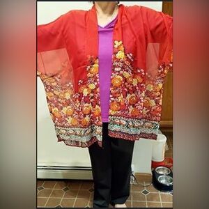 Women’s Sheer Red Floral Kimono Beach Coverup Layering